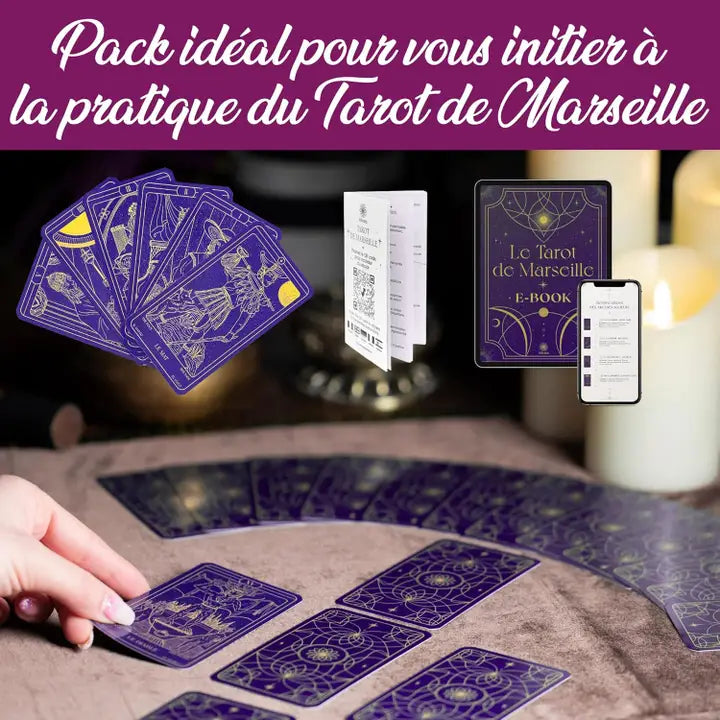 Jeu de Tarot de Marseille dans son coffret élégant, cartes illustrées or sur fond violet, création ésotérique française