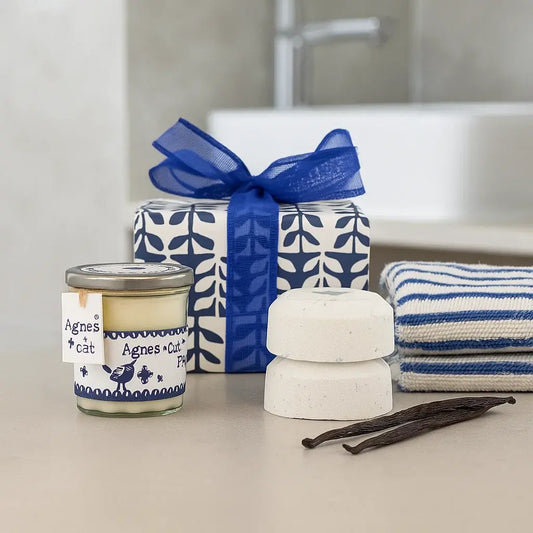 Coffret Cadeaux Bougie & Bombes de bain | Pivoines, Linge frais & Sels de mer