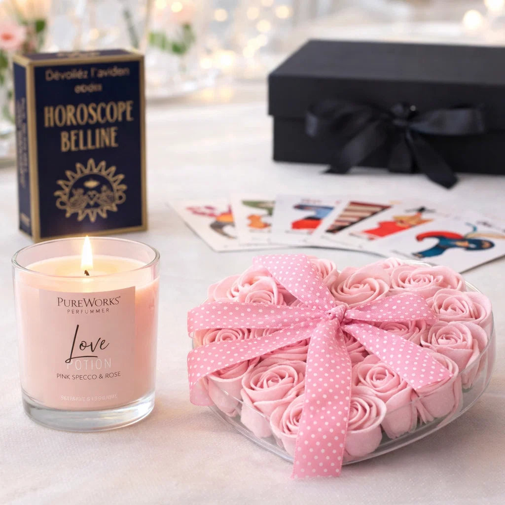 Coffret Fête des Mères avec tarot Belline, bougie parfumée et fleurs de savon