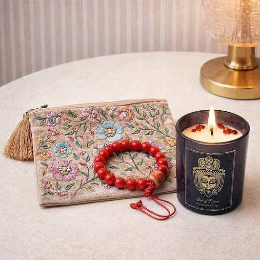 Coffret cadeau bien-être corail avec bougie d’intention, bracelet et pochette en velours brodée