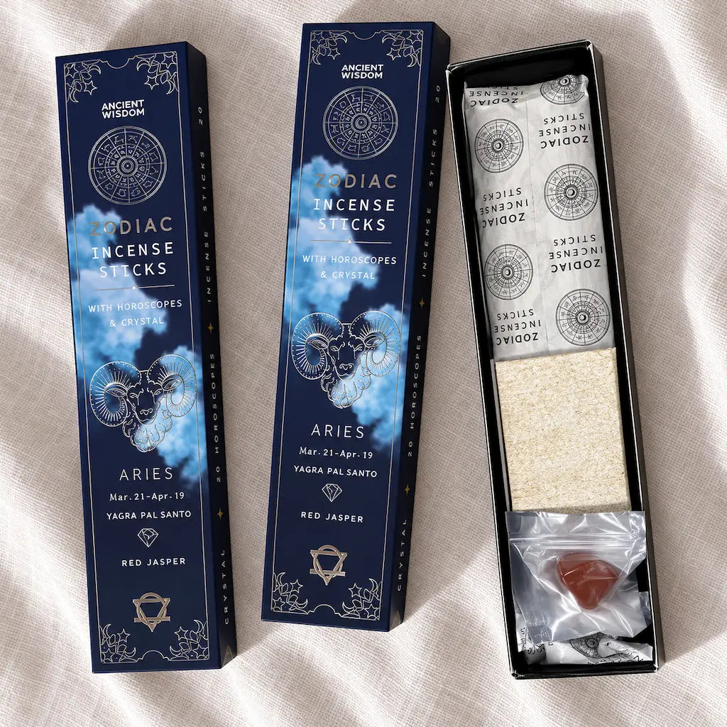 Encens signe astrologique Bélier Ancient Wisdom : 20 bâtonnets parfum yagra et palo santo, jaspe rouge et horoscope