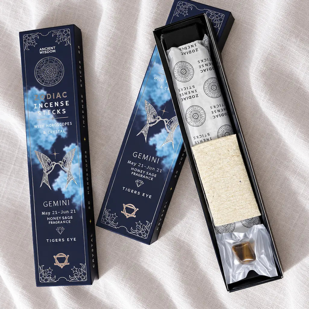 Encens signe astrologique Gémeaux Ancient Wisdom : 20 bâtonnets parfum sauge miel, œil de tigre et horoscope