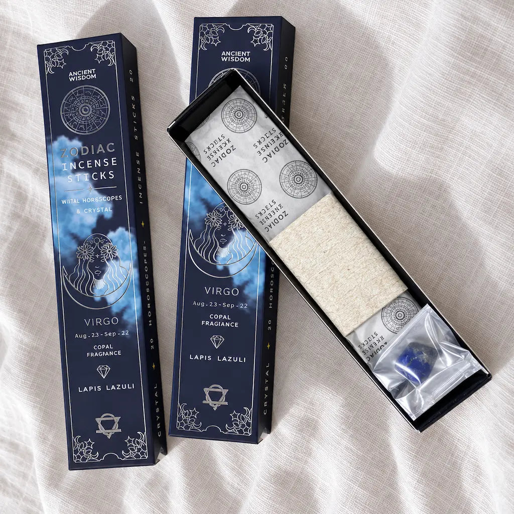 Encens signe astrologique Vierge Ancient Wisdom : 20 bâtonnets parfum copal, lapis-lazuli et horoscope