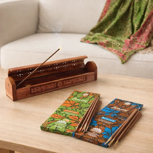 Coffret encens Fleur de Vie Astroya : porte-encens en bois et encens naturels sauge blanche & bois de santal