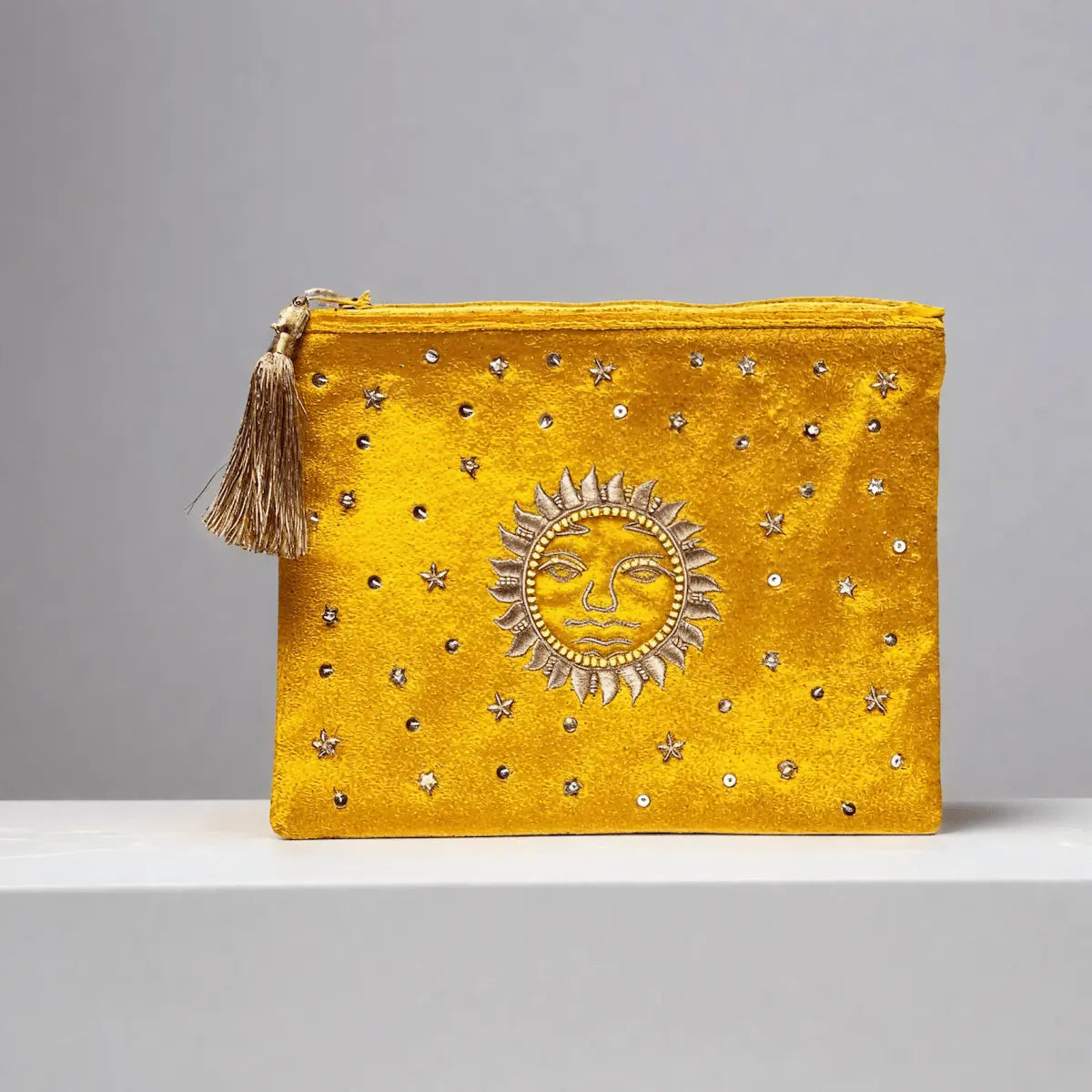 Pochette zippée en velours Jaune | broderie Soleil