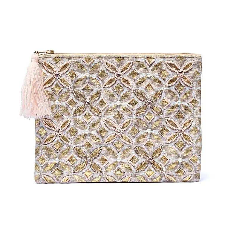 Pochette zippée en velours beige| broderie Fleur de vie