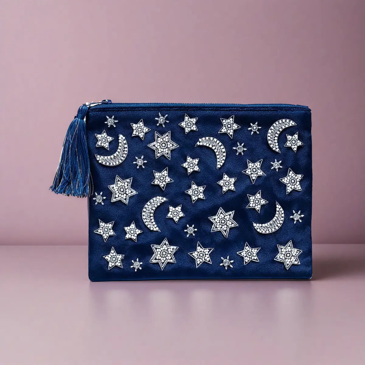 Pochette zippée en velours Bleu Foncée| broderie Lunes et Etoiles