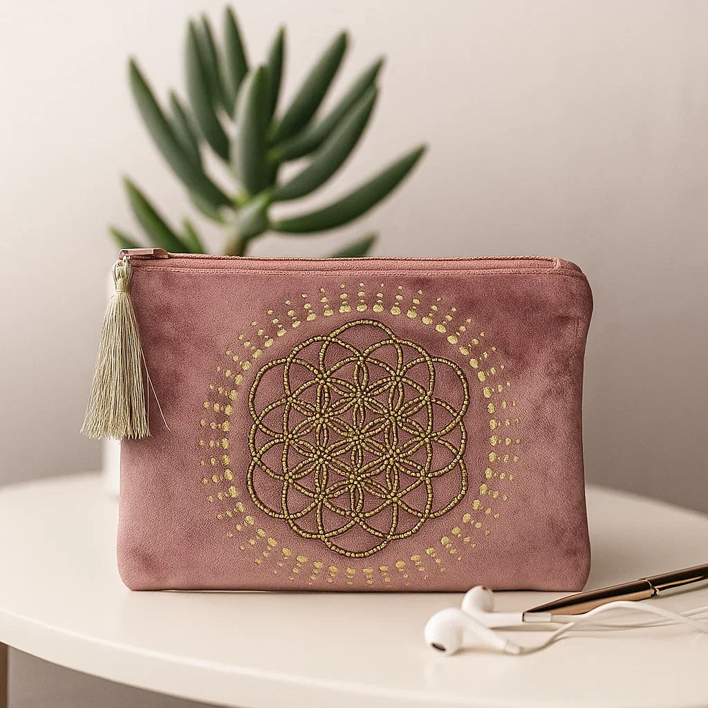 Pochette bien-être Fleur de Vie posée sur meuble – idée cadeau douce et symbolique