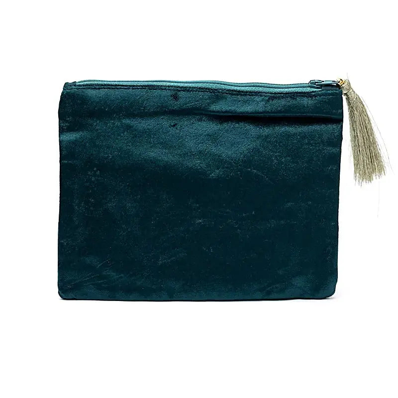 Pochette zippée en velours Pétrole | broderie Graine de Vie vue de dos