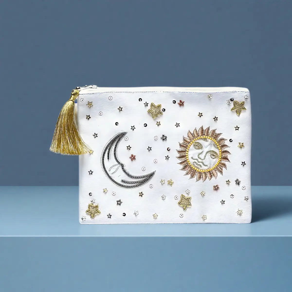 Pochette zippée en velours Blanc | broderie Soleil et Lune
