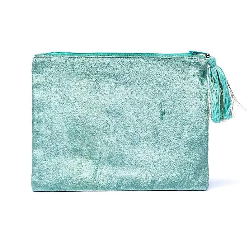Pochette zippée en velours menthe | broderie Phases Lunaires vue du dos