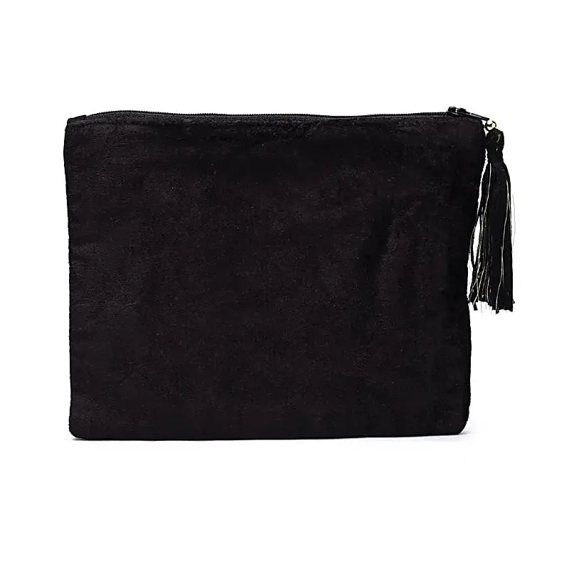 Pochette zippée en velours Noir & broderie Phases de Lune vue de dos