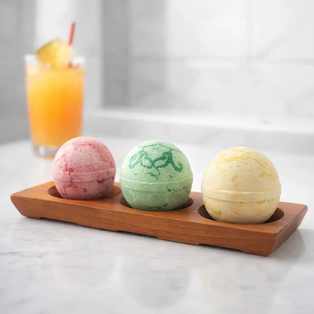 Support en bois naturel avec bombes de bain au karité aux parfums tropicaux – coffret bien-être Paradis Tropical