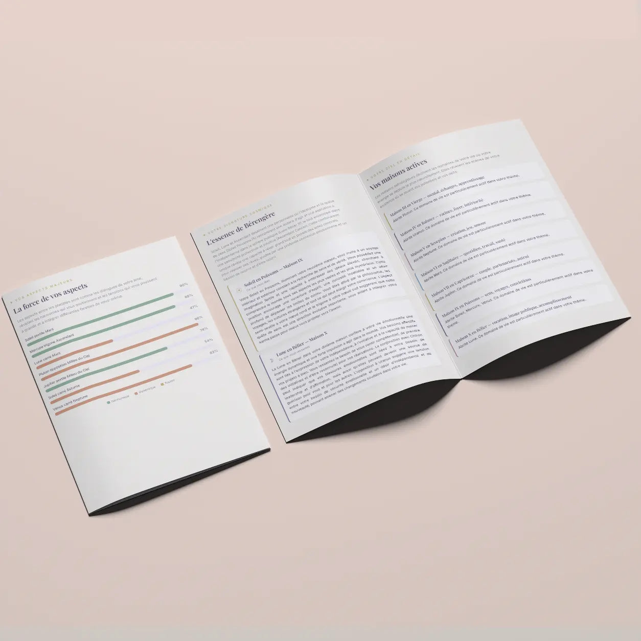 Pages du rapport thème astral : boussole de vie, forces et pièges, planètes personnelles et tableau des planètes