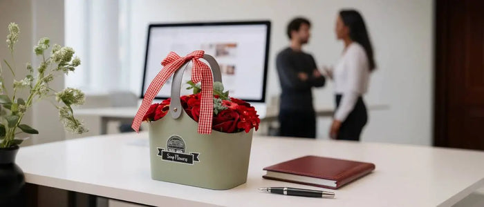 un panier de fleurs de savon pour remercier ses collaborateurs