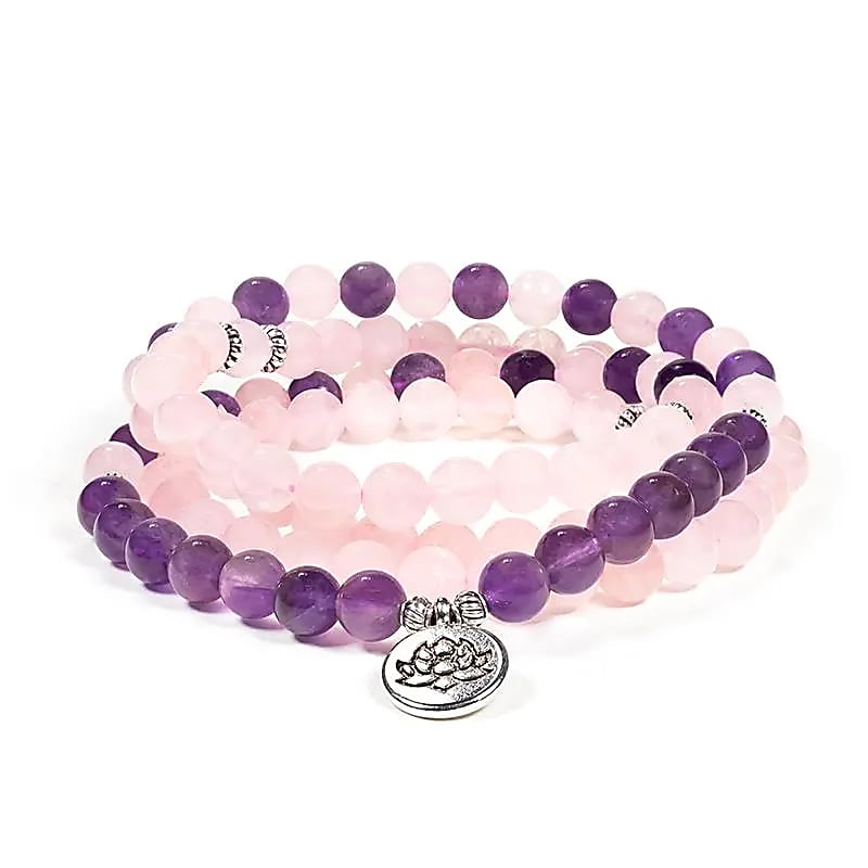 Mala Lotus en Quartz Rose et Améthyste