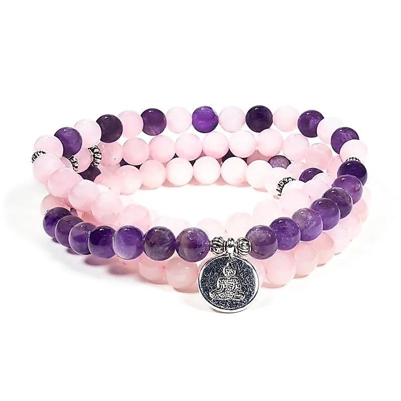 Mala Bouddha en quartz rose et améthyste | 108 perles