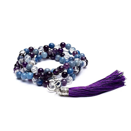 Mala Améthyste, Aventurine, Cristal de Roche avec Om | 108 perles