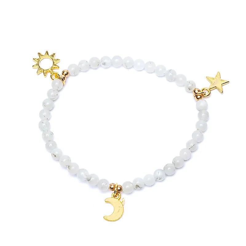 Bracelet Pierre de Lune avec charms - Etoile, Soleil et Lune