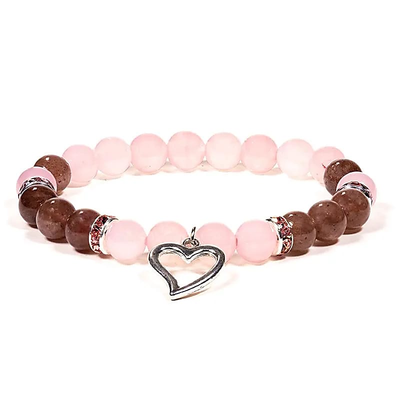 Bracelet Quartz Rose et Quartz Fraise avec charm cœur