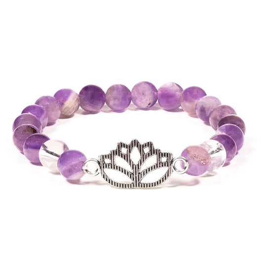 Verso du Charm Lotus du Bracelet Amethyste Chevron et Cristal de roche