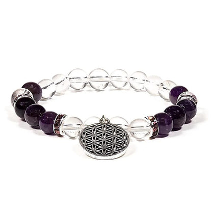 Bracelet Cristal de roche - Améthyste | charm Fleur de Vie