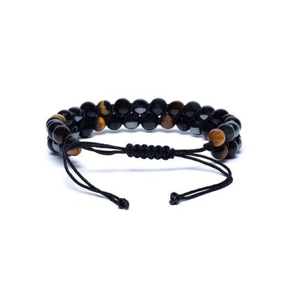 Bracelet en Hématite, Obsidienne et Oeil de tigre double rang