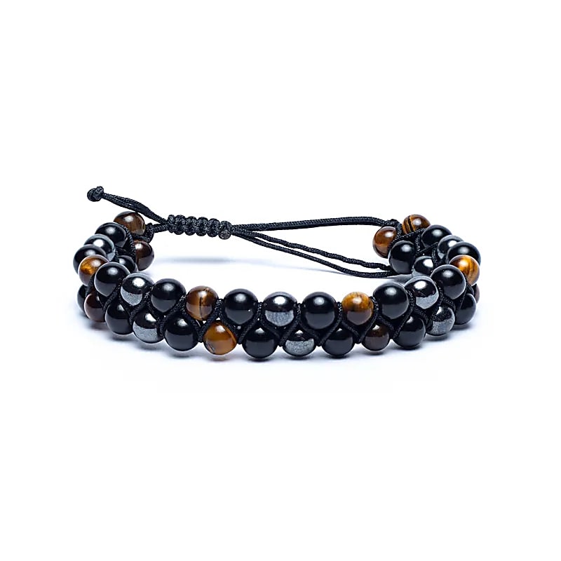 Bracelet en Hématite, Obsidienne et Oeil de tigre double rang – vue 2