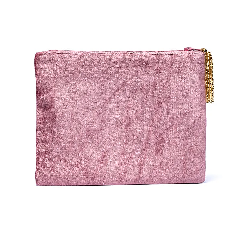 Pochette zippée en velours Rose| broderie Arbre de Vie : douceur et richesse du velours