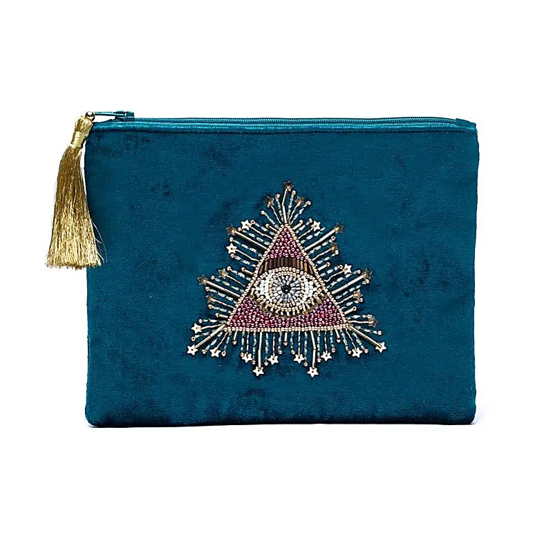 Pochette zippée en velours Pétrole | broderie Oeil