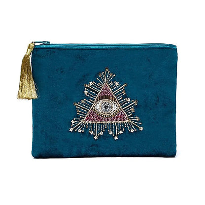 Pochette zippée en velours Pétrole | broderie Oeil