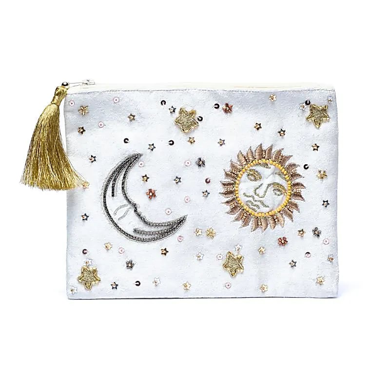 Pochette zippée en velours Blanche | broderie Soleil et Lune