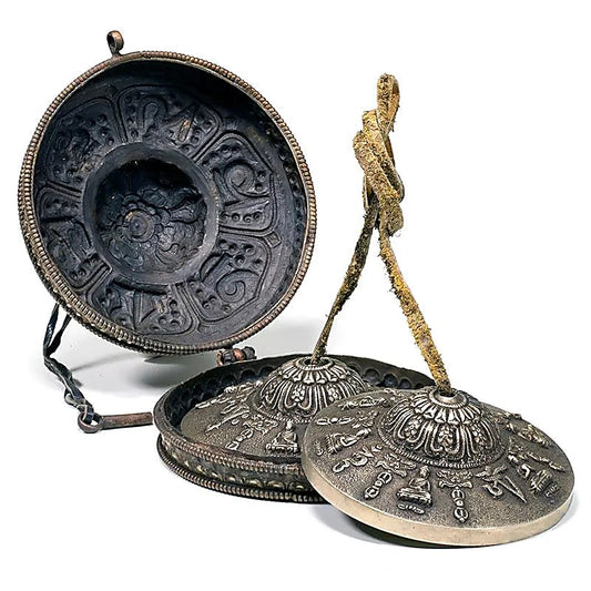 Cymbales / Tingshas LUXE + étui métal gravé | 11 cm