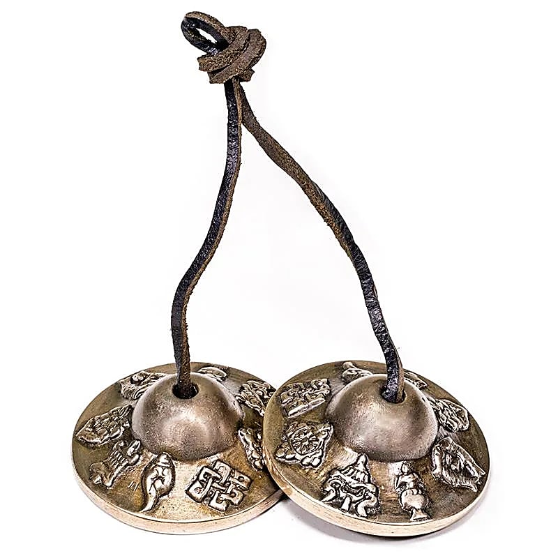 Cymbales / Tingshas en bronze - 8 signes auspicieux
