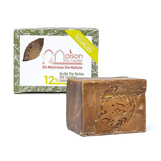 Savon d'Alep 12% - présentation de 2 pains de 200 grammes dont un emballé