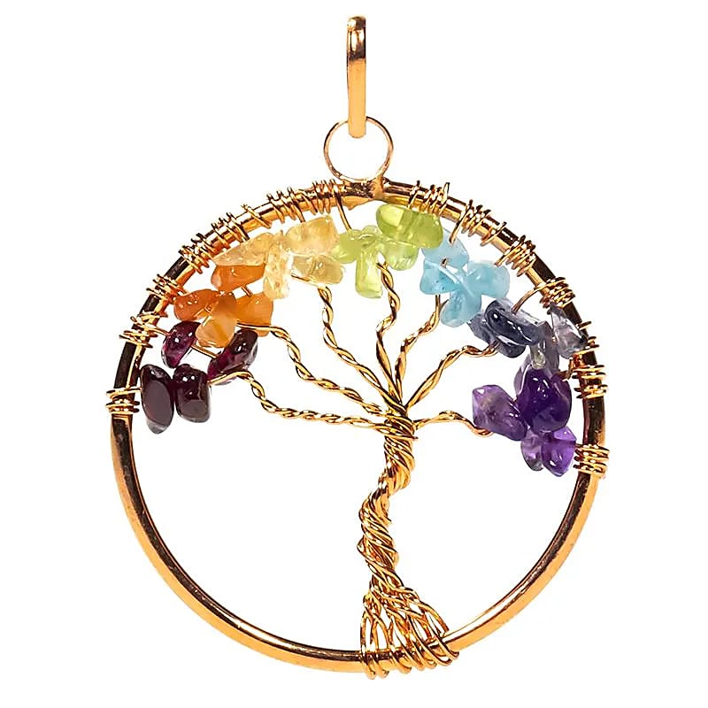 Pendentif arbre des chakras en laiton dore