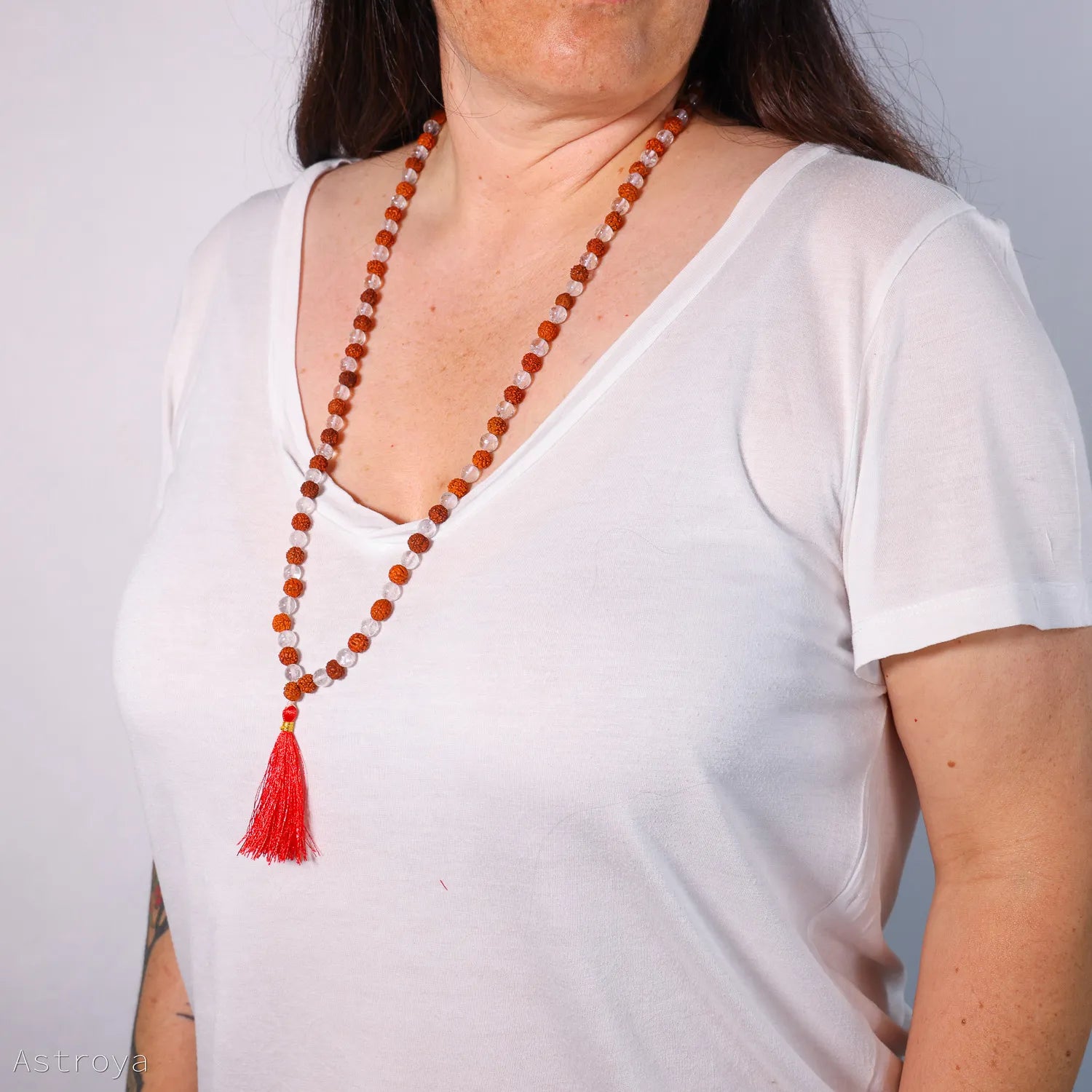 Mala Cristal de Roche - Rudraksha | 108 perles - porté en collier