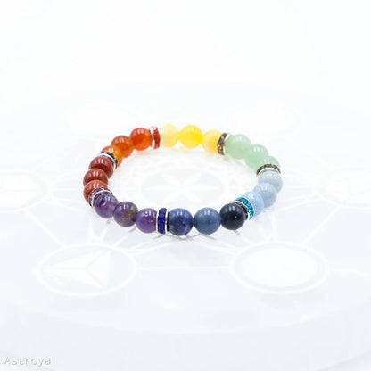 Bracelet 7 chakras | Pierres 9mm- sur pierre de chargement en sélénite -vue de profil