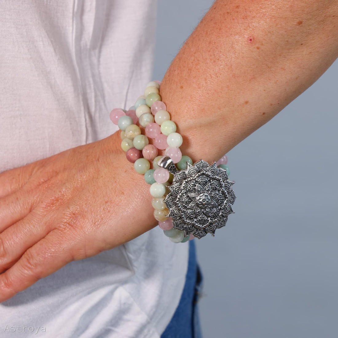 Mala Lotus - Rose Quartz, Amazonite, Rhodonite : douceur et harmonie