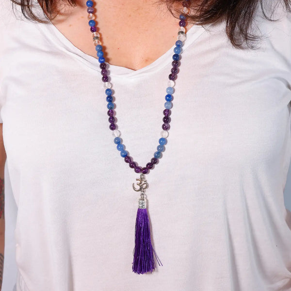 Mala Om 108 perles amethyste aventurine cristal de roche