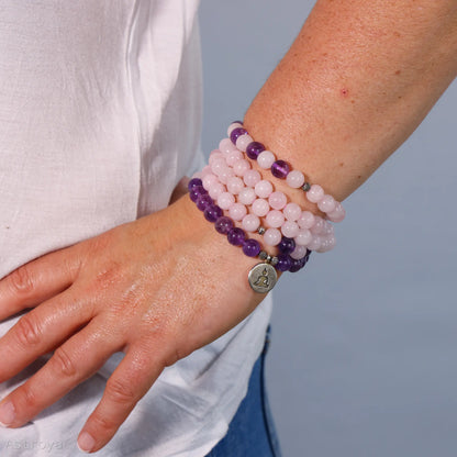 Mala Bouddha en quartz rose et améthyste | 108 perles - autre vue