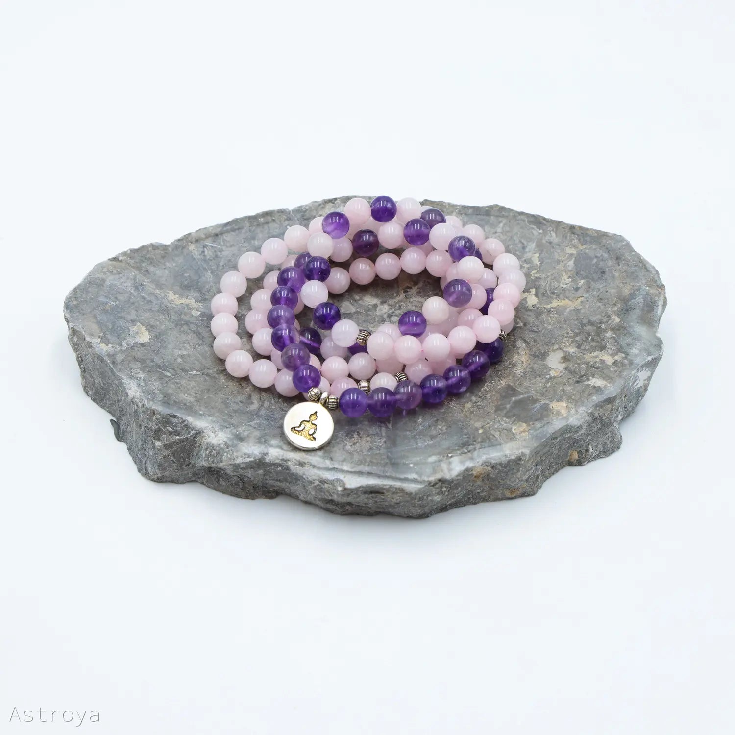 Mala Bouddha en quartz rose et améthyste | 108 perles - vue de profil