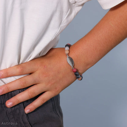 Bracelet Rhodonite - Quartz Gris avec Plume