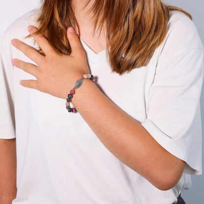 Bracelet Rhodonite - Quartz Gris avec Plume