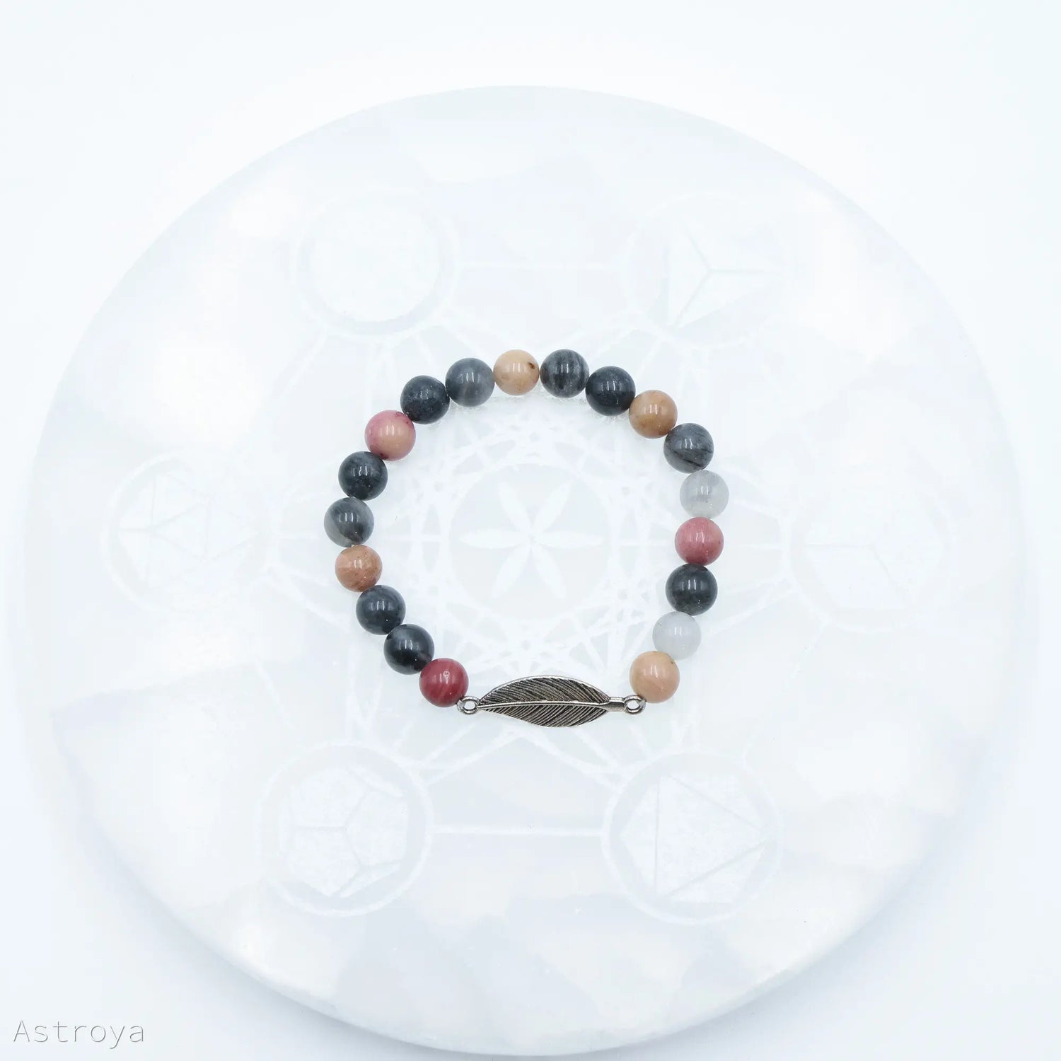 Bracelet Rhodonite - Quartz Gris avec Plume