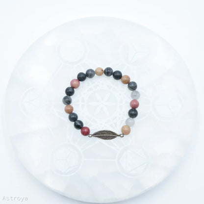 Bracelet Rhodonite - Quartz Gris avec Plume
