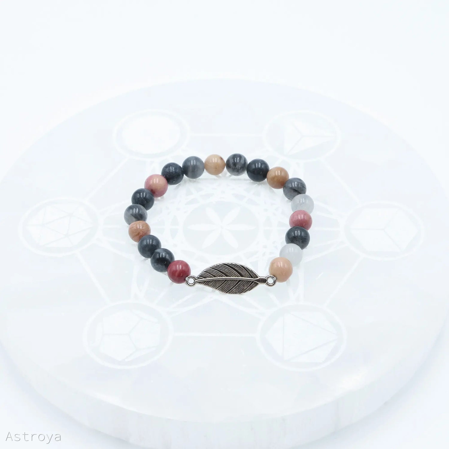 Bracelet Rhodonite - Quartz Gris avec Plume