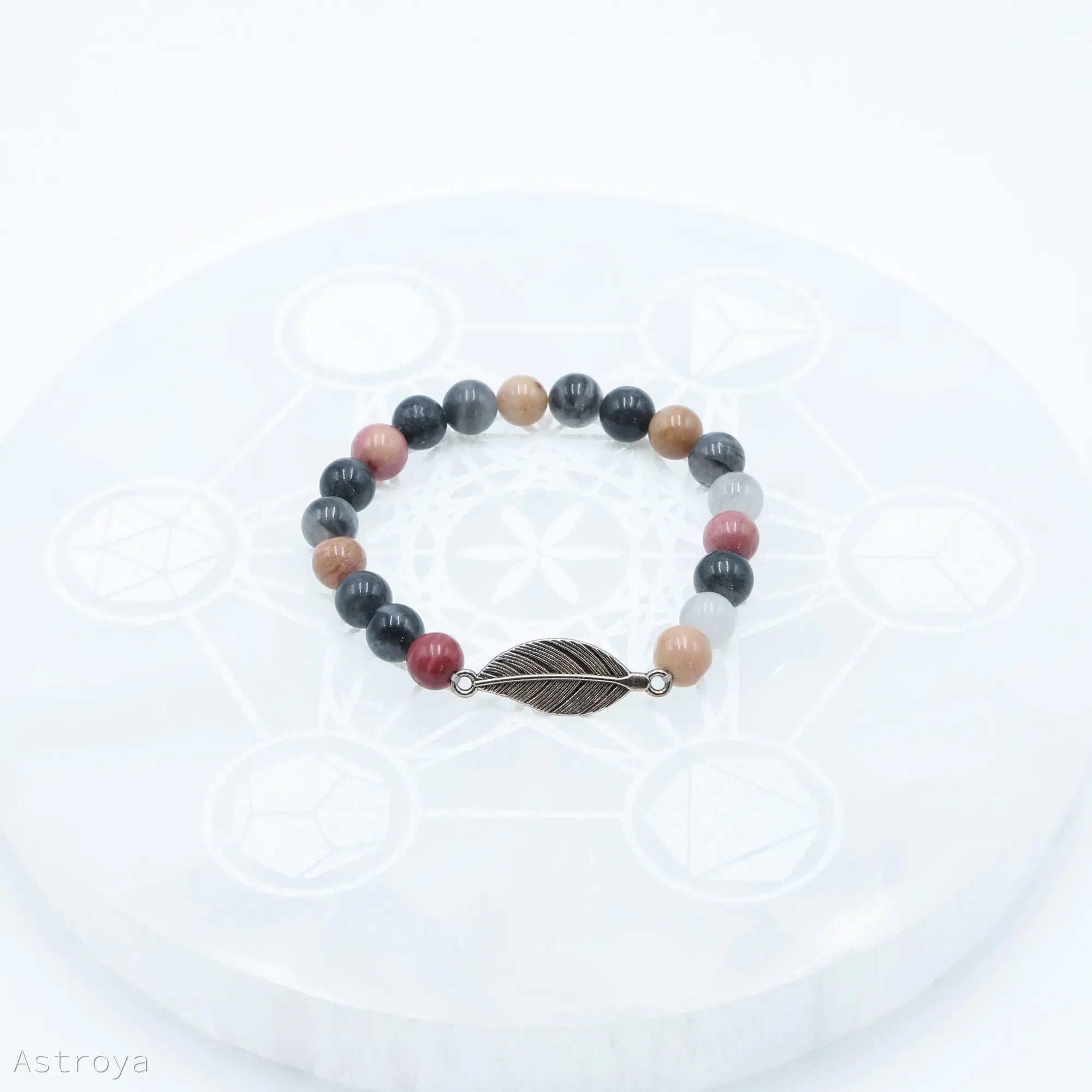 Bracelet Rhodonite - Quartz Gris avec Plume