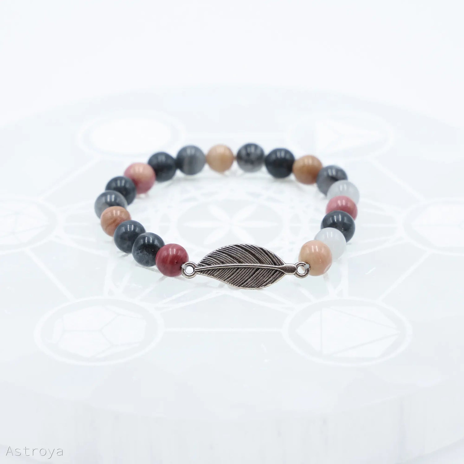 Bracelet Rhodonite - Quartz Gris avec Plume