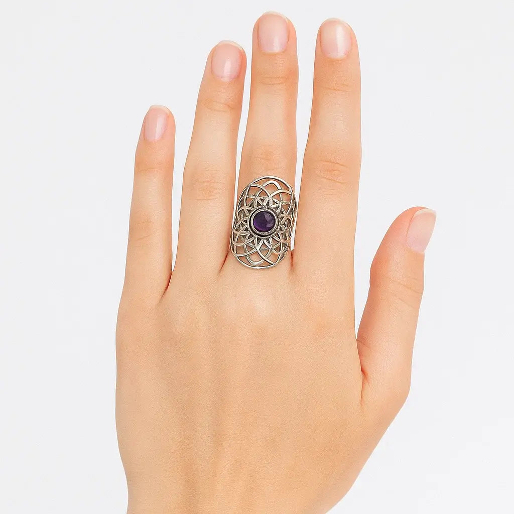 Bague graine de vie couleur argent améthyste